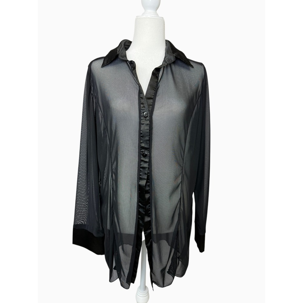 Sheer Black Mesh Button Front Tunic Top XL Satin Trim Lightweight Long Sleeve